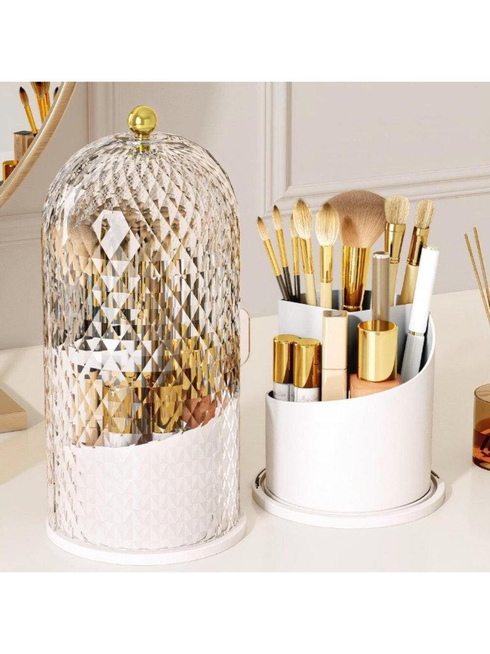 360° Rotating Makeup Brush Holder with Lid - Stylish Organizer for Beauty
